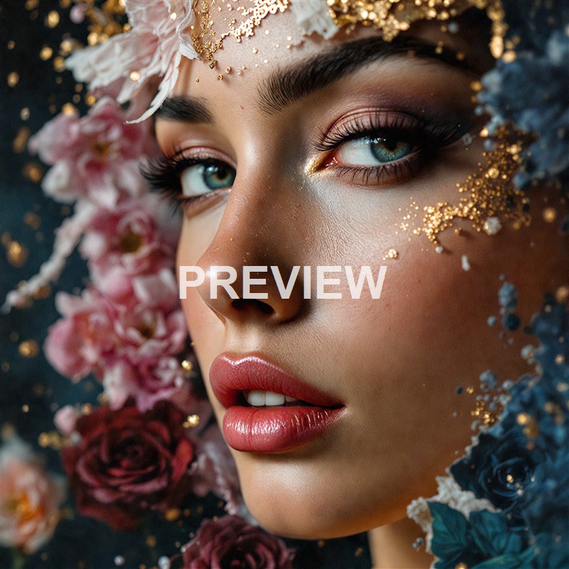 A close-up of a woman's face with detailed makeup, surrounded by flowers and gold glitter, highlighting her eyes, lips, and skin.